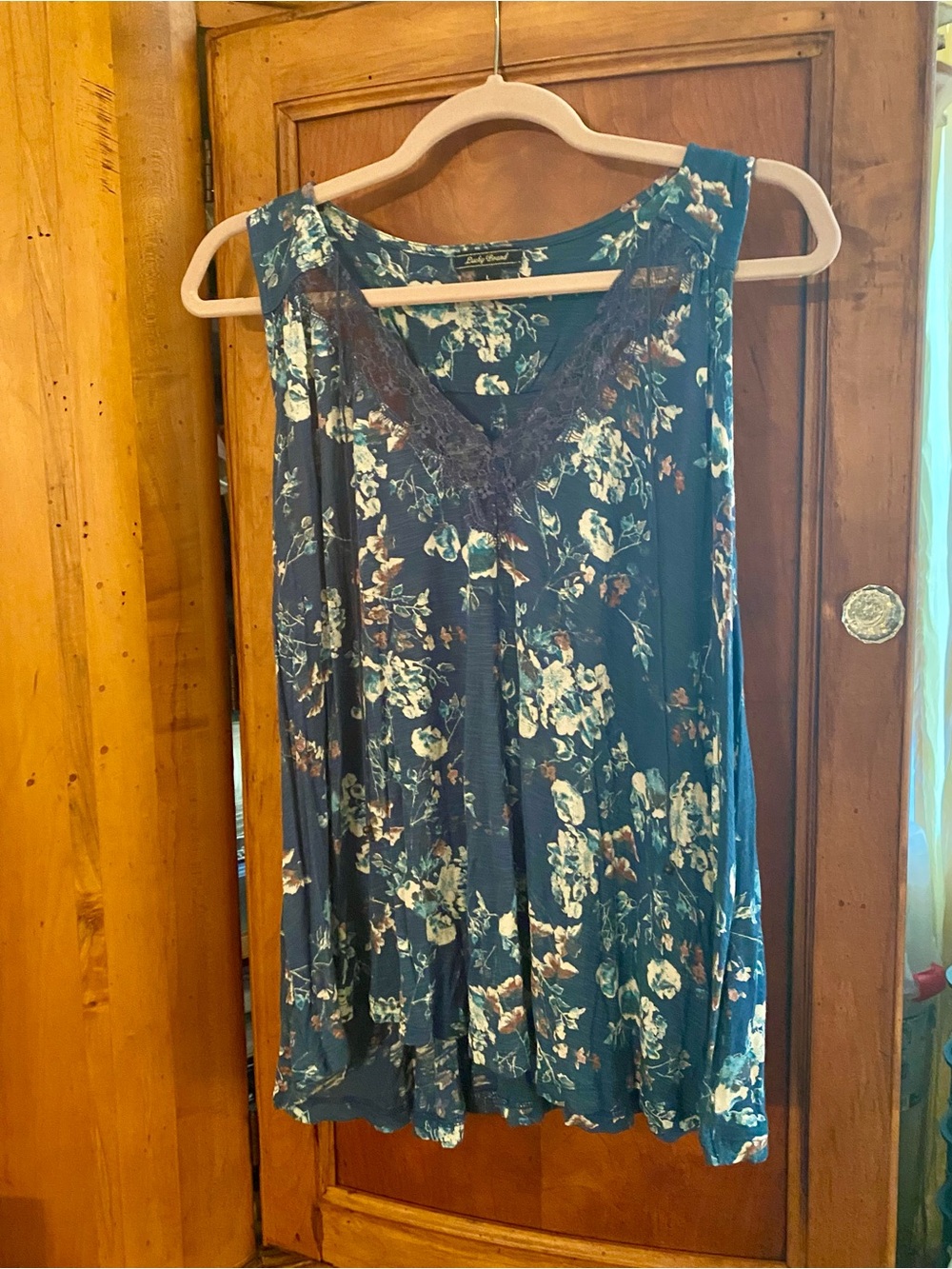 Lucky Brand Teal Blue Green Floral Tank with Lace Detail